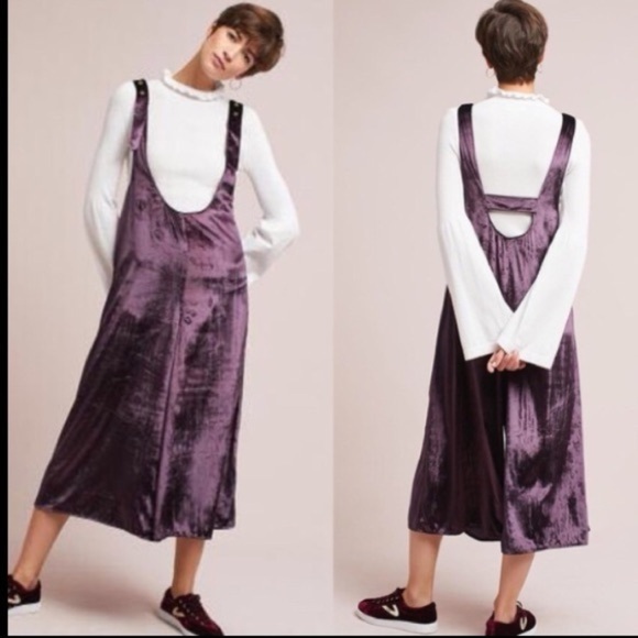 Anthropologie Maeve Purple Velvet Cropped Jumpsuit - Picture 1 of 13